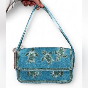 Blue Turtle Beaded Women's Shoulder Bag Made in India